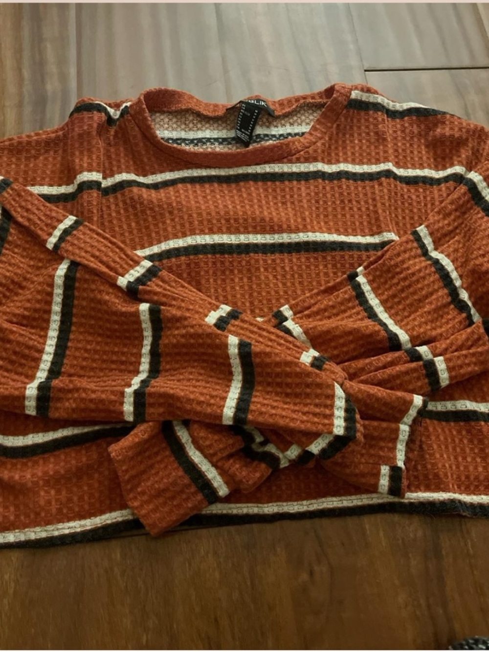 Women's Rust Striped Waffle Crew Neck Sweater